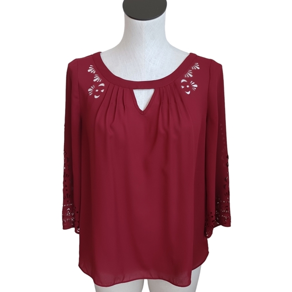 Anthropologie Maeve Blouse Laser Cut Detail Maroon Popover Womens size 4 - Picture 1 of 14